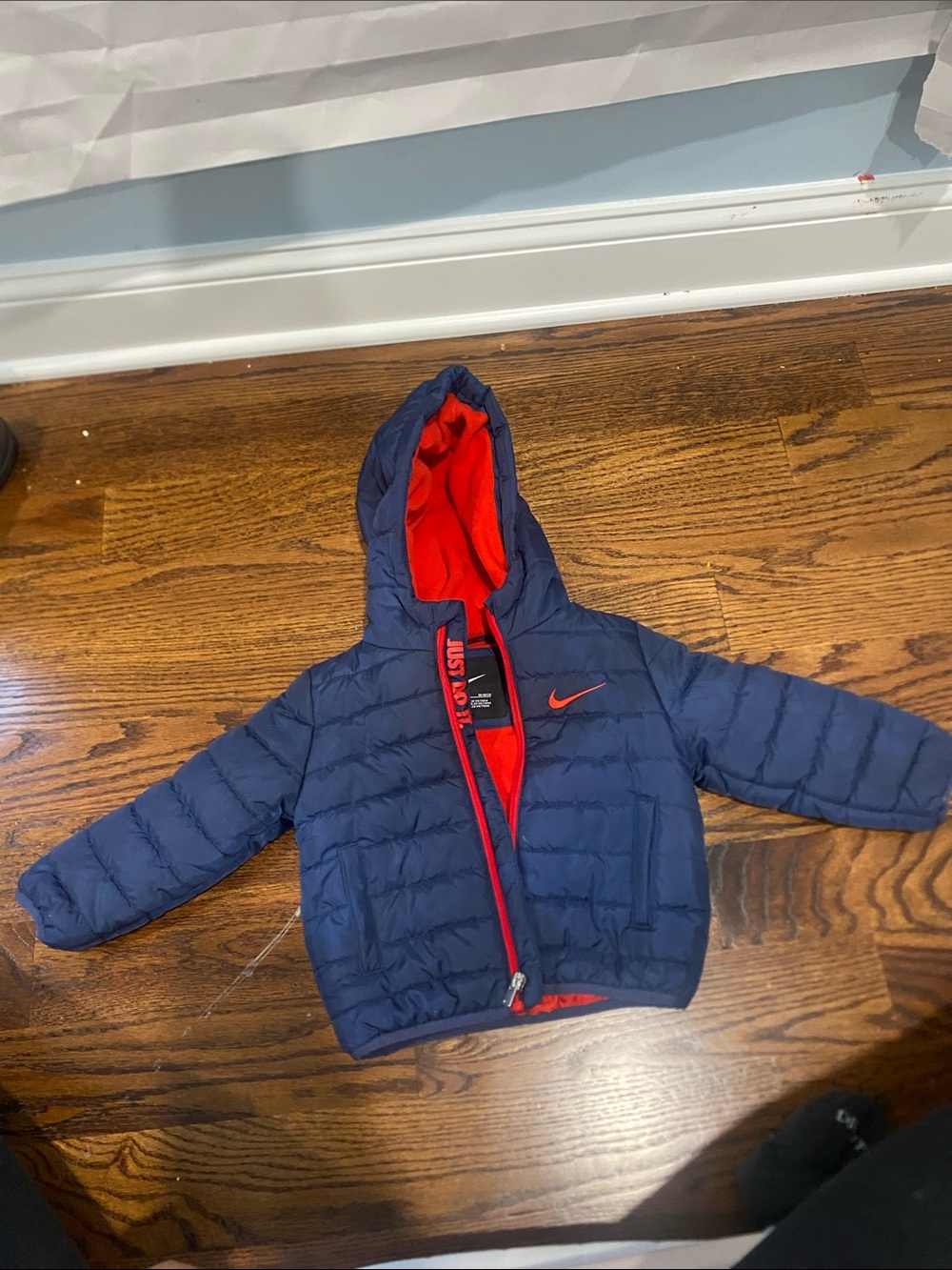 Nike Kids Navy Hooded Puffer Jacket with Red Interior
